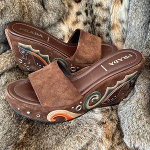 Prada Seahorse Applique Brown Suede and Leather Wedge Sandals